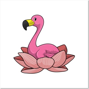 Flamingo with Lotus flower Posters and Art